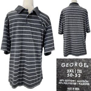 George Big Mens 2XL 50-52 Gray White Stripes Knit Cotton Poly Polo Golf Shirt